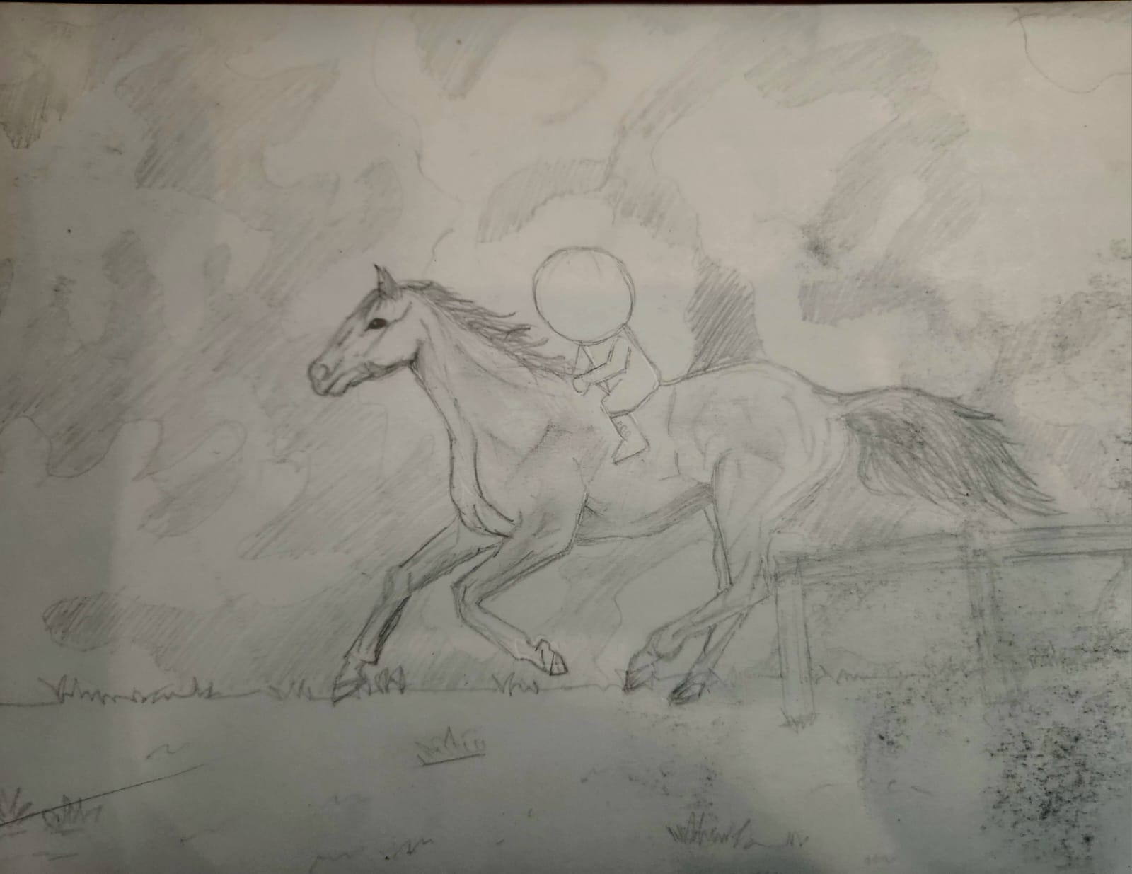 Pencil landscape of a rider on horseback